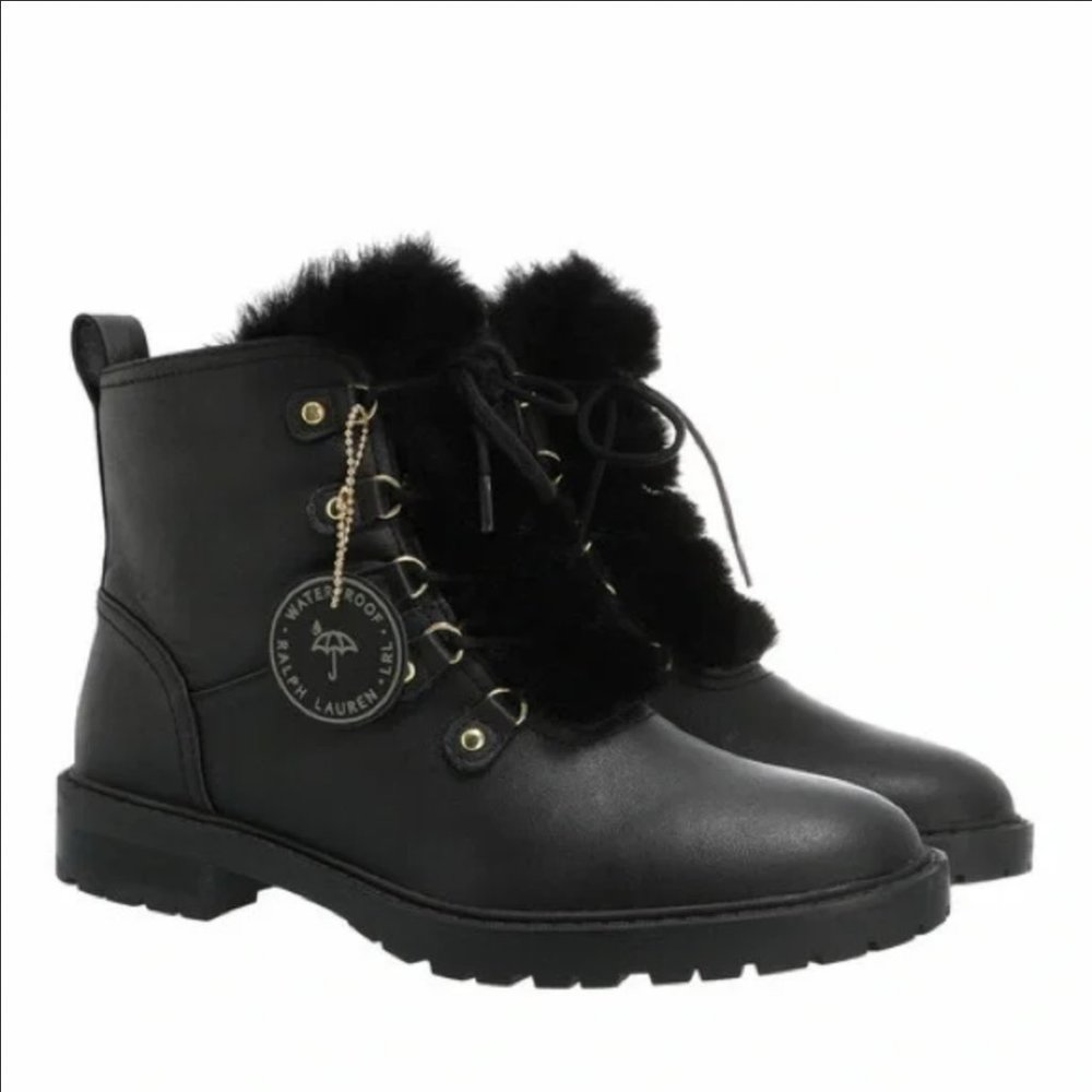 New Lauren Ralph Lauren Womens Elliot Black Leather Lace Up Boots